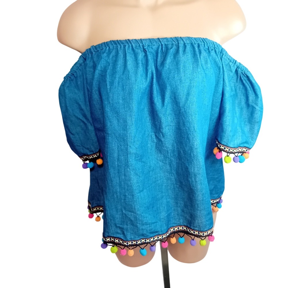 Rebellion Off The Shoulder Chambray Denim Style Pom Pom Crop Top Bohemian Boho L